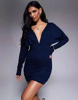 Мини-платье с глубоким вырезом темно-синего цвета ASOS DESIGN