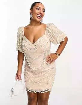 Мини-платье с инкрустацией ASOS LUXE Curve, рукавами-фонариками и украшением из искусственного жемчуга