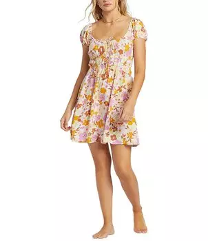 Мини-платье с короткими рукавами и завязкой спереди Billabong Sun Kissed с цветочным принтом, оранжевый