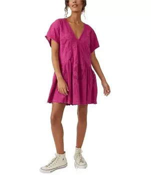 Мини-платье с короткими рукавами и вышивкой Free People Serenity с V-образным вырезом, розовый