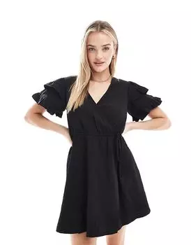 Мини-платье с короткими рукавами и запахом черного цвета Wednesday's Girl