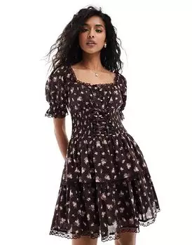 Мини-платье с корсетом в несколько ярусов в коричневом цвете Miss Selfridge