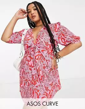 Мини-платье с красным шарфом и завязками спереди ASOS DESIGN Curve