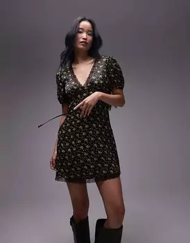 Мини-платье с кружевной кромкой в желтых тонах Topshop