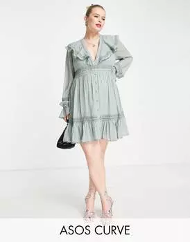 Мини-платье с кружевной вставкой ASOS DESIGN Curve и рюшами на пуговицах