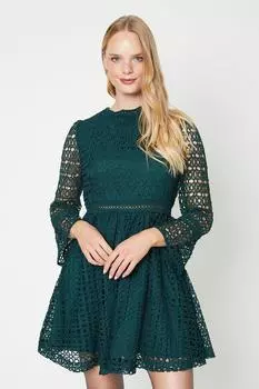 Мини-платье с кружевной вставкой и плиссированной юбкой Oasis, зеленый