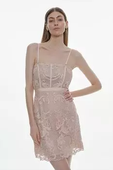 Мини-платье с кружевным корсетом и вышивкой бисером Karen Millen, розовый