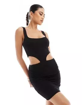 Мини-платье с квадратным вырезом и искусственным воротником черного цвета ASOS DESIGN