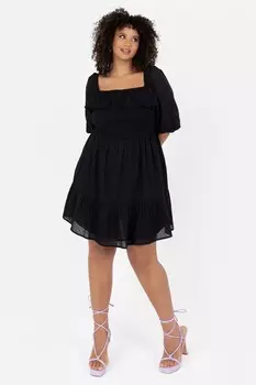 Мини-Платье с квадратным вырезом рукавами-буфами и верхом с рюшами Lovedrobe, черный