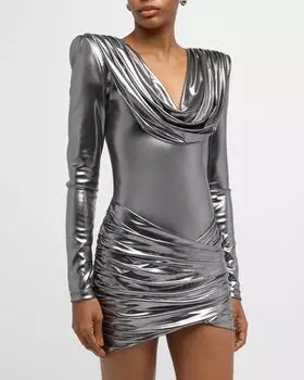 Мини-платье с металлизированной драпировкой и хомутом Balmain, цвет Silver