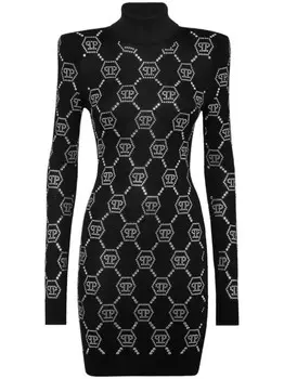 Мини-платье с монограммой от Philipp Plein, украшенное кристаллами, черный