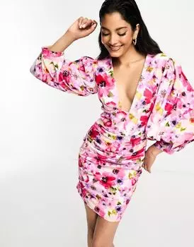 Мини-платье с объемными рукавами True Violet с цветочным принтом