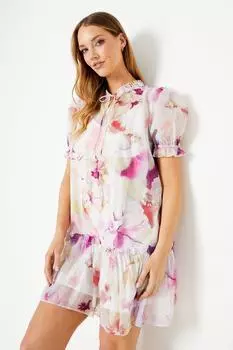 Мини-платье с объемными рукавами и размытым цветочным принтом Oasis, розовый
