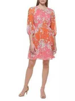 Мини-платье с объемными рукавами и цветочным принтом Vince Camuto Pink