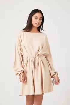 Мини-платье с объемными рукавами и шнурком Forever 21, песочный