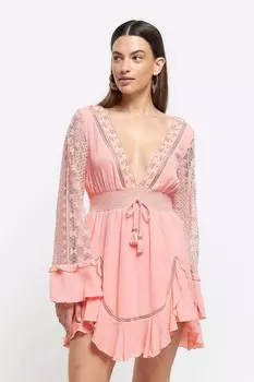 Мини платье с оборками и рукавами ангелочками River Island, розовый