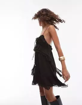 Мини-платье с оборками коричневого цвета Mango