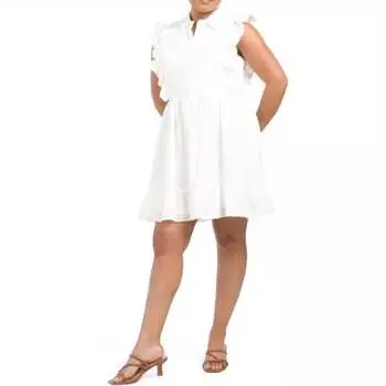 Мини-платье с оборками на рукавах и люверсами белого цвета GILLI