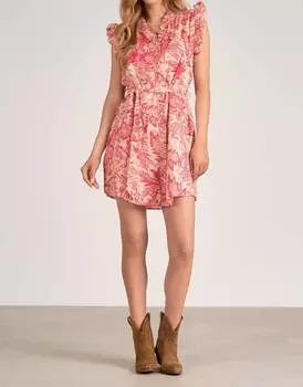 Мини-платье с оборками на рукавах в розовом цвете с листвой ELAN