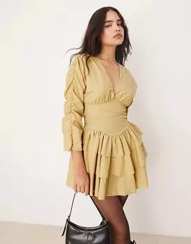 Мини-платье с оборками по подолу и поясом на талии цвета пахты ASOS DESIGN