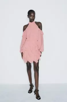Мини-платье с оборками ZARA, цвет marsala