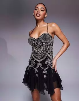 Мини-платье с отделкой на бретелях и свободным подолом от ASOS DESIGN черного цвета