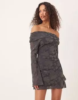 Мини-платье с открытыми плечами ASOS DESIGN с флокированным узором в стиле бардо цвета сине-зеленый