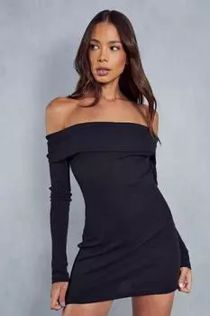 Мини-платье с открытыми плечами и длинными рукавами в рубчик MISSPAP, черный