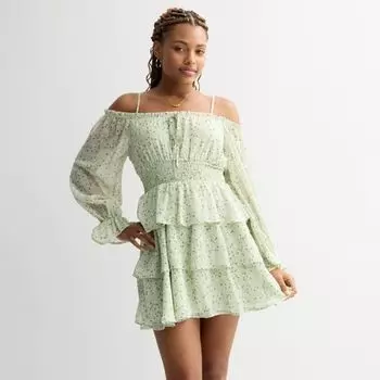 Мини-платье с открытыми плечами и длинными рукавами для девушек Harper & Ivy, зеленый