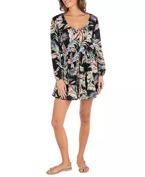 Мини-платье с овальным вырезом и тонкими листьями Hurley, черный