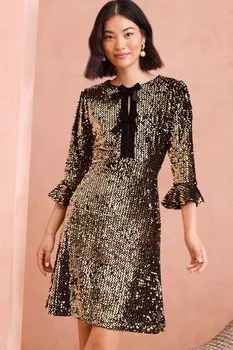 Мини платье с пайетками и бархатным бантом Love & Roses, золотой