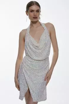 Мини-платье с пайетками и воротником-хомутом Karen Millen, мультиколор