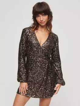 Мини-платье с пайетками и запахом Superdry, бронзовый мега блесток