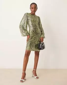 Мини-платье с пайетками в зеленом зебре YAS