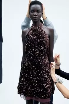 Мини платье с пайетками ZARA, коричневый