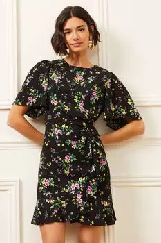 Мини-платье с перекрученным передом и расклешенными рукавами Love & Roses, черный