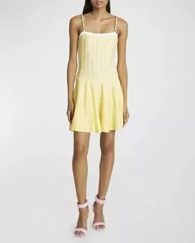 Мини-платье с плиссированной юбкой в полоску на цепочках Balmain, цвет Pale Yellow/Multi