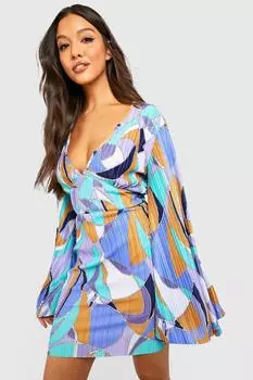 Мини-платье с плиссированным принтом Boohoo, разноцветный