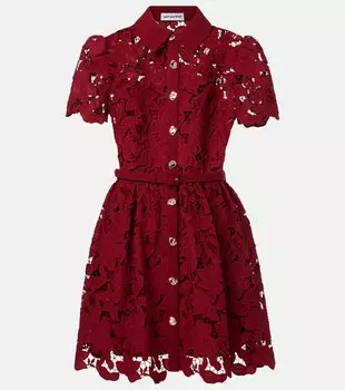 Мини-платье с поясом и кружевом Self-Portrait, бордовый