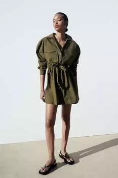 Мини-платье с поясом ZARA, темный хаки