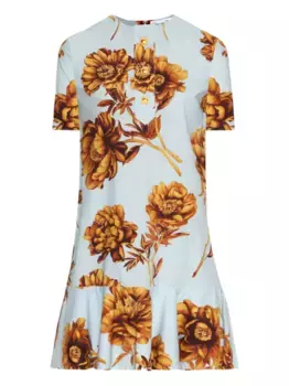 Мини-платье с принтом пионов Oscar de la Renta, белый