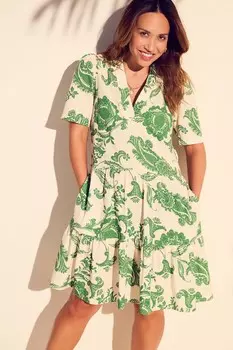 Мини платье с принтом, V образным вырезом и воротником из льна Myleene Klass, белый