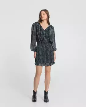 Мини-платье с принтом, V-образным вырезом и рукавами-буфами Noon, темно-синий