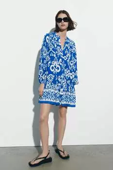 Мини-платье с принтом ZARA, экру/синий