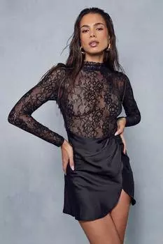 Мини-платье с прозрачной кружевной атласной юбкой и узлом MISSPAP, черный