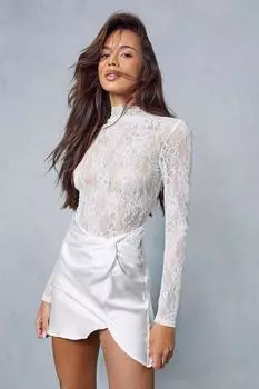 Мини-платье с прозрачной кружевной атласной юбкой и узлом MISSPAP, белый