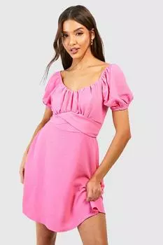 Мини-платье с пуховыми рукавами и завязками Boohoo, розовый