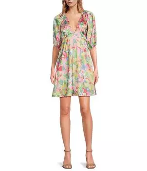 Мини-платье с пышными рукавами и V-образным вырезом Lucy Paris Azalea, цветочный