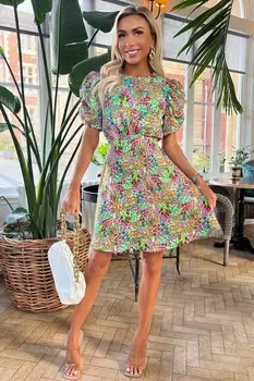 Мини-Платье с пышными рукавами и зеленым садовым принтом Ax Paris, зеленый