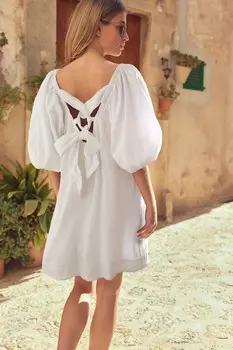 Мини-Платье с пышными рукавами и льном Next, белый